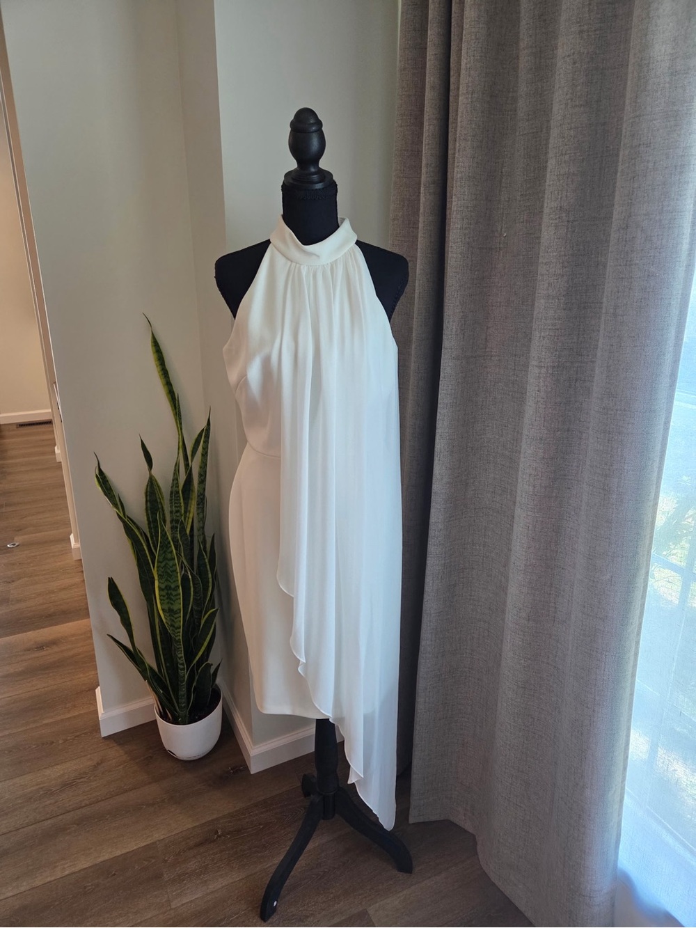 Camille La Vie Cream Halter Asymmetrical Draped Dress